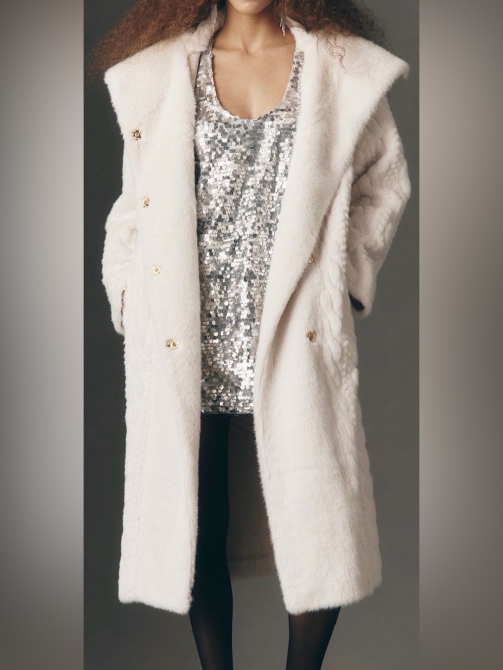 Avec Les Filles Cream Faux-Fur Teddy Long Coat with Gold Buttons